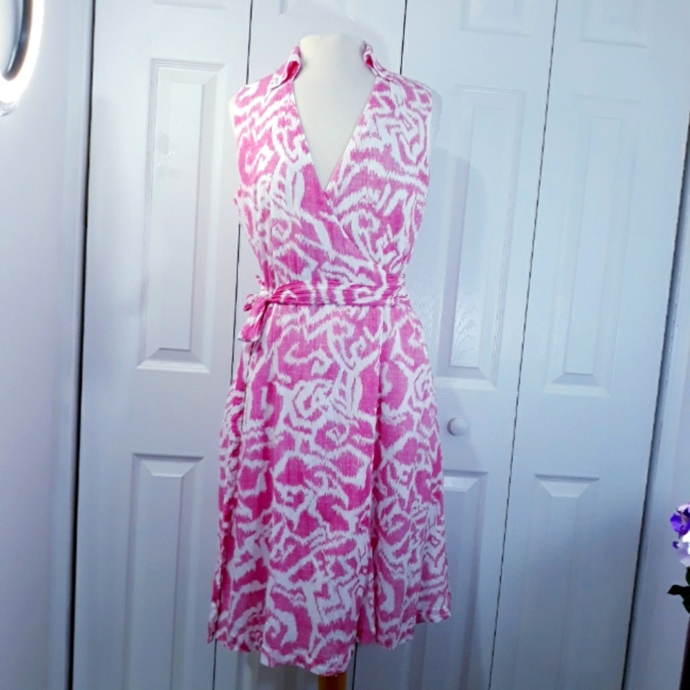 Pendleton Cotton Midi Dress Pink on White Sleeveless Wrap Lined Size 8